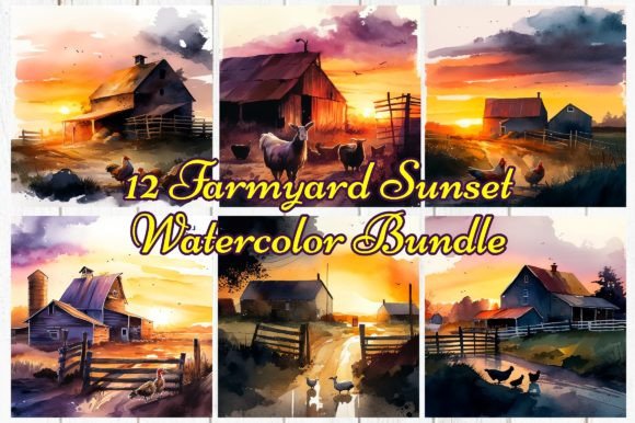 Farmyard Sunset Watercolor Bundle: Elevating Digital Design with Rustic Charm